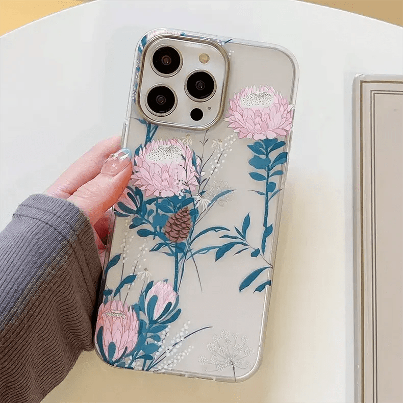 MIKALEN Floral Print Soft TPU Clear Edge Case for iPhone Back Cases iPhone 15 Pro Max / Pink Flower