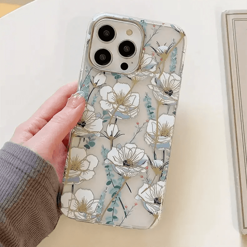 MIKALEN Floral Print Soft TPU Clear Edge Case for iPhone Back Cases iPhone 15 Pro Max / White Flower