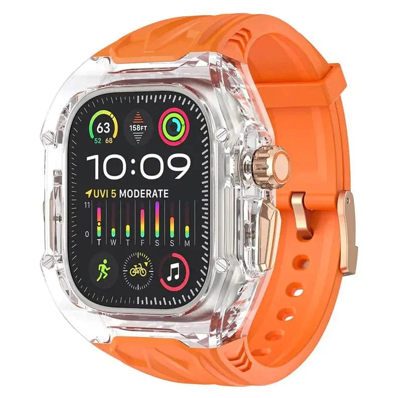 Military Rugged Hard Watch Case with Silicone Band for Apple Watch Watch Bands 45mm | 44mm / Orange Clear