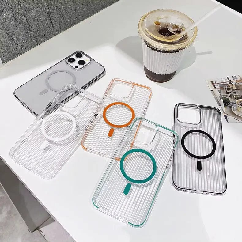 Non-Slip Edge Fluted Grating MagSafe Transparent Phone Case for iPhone Back Cases