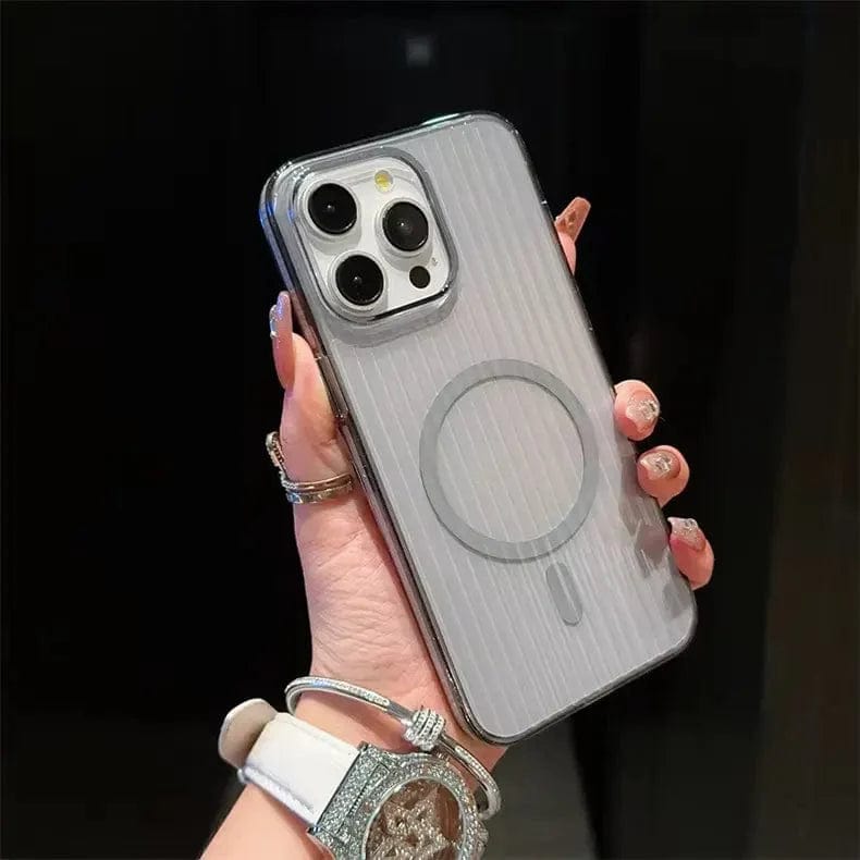 Non-Slip Edge Fluted Grating MagSafe Transparent Phone Case for iPhone Back Cases iPhone 15 Pro Max / Grey / With MagSafe