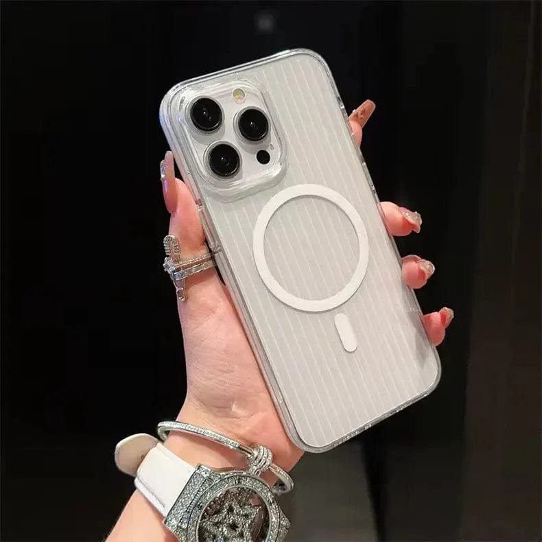 Non-Slip Edge Fluted Grating MagSafe Transparent Phone Case for iPhone Back Cases iPhone 15 Pro Max / White / With MagSafe