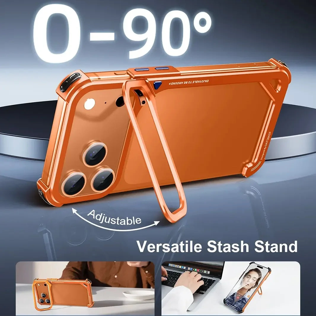 Oatsbasf 9 Shape Invisible Kickstand Air Cushion Aluminum Metal Bumper Case for iPhone 17 Pro Max