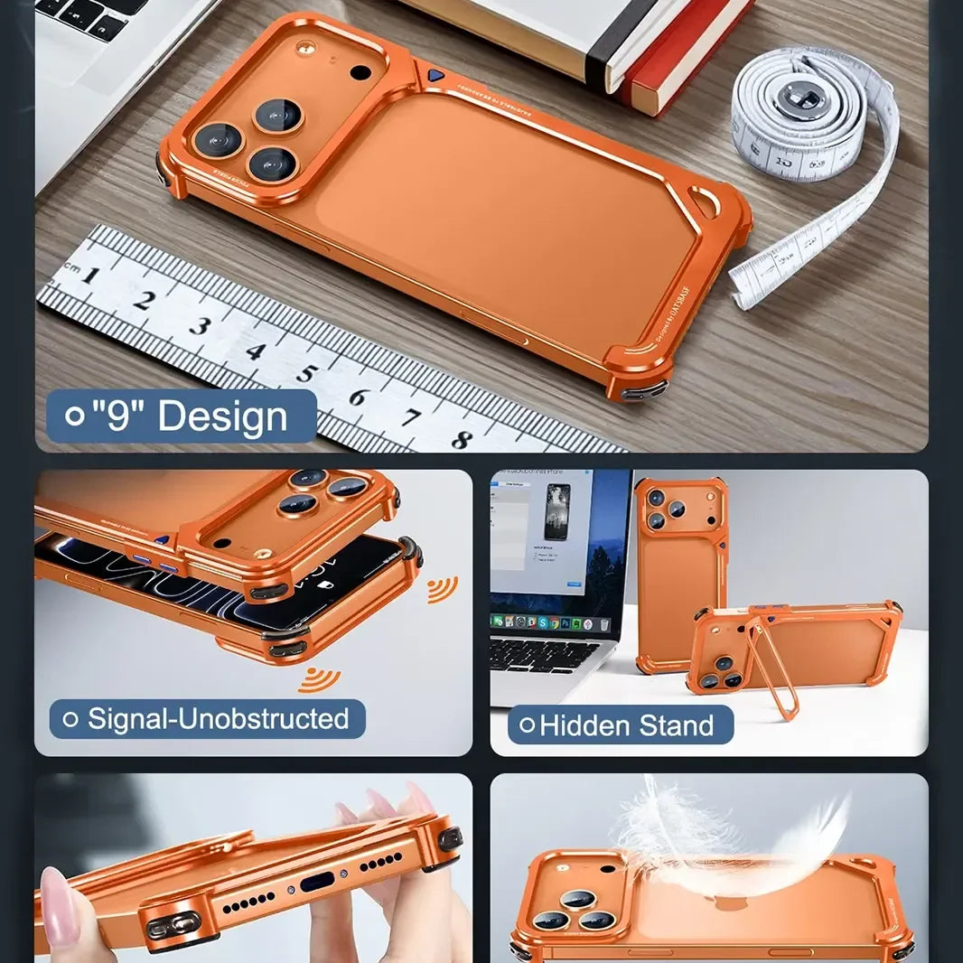 Oatsbasf 9 Shape Invisible Kickstand Air Cushion Aluminum Metal Bumper Case for iPhone 17 Pro