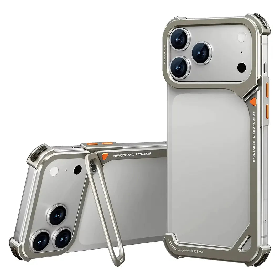 Oatsbasf 9 Shape Invisible Kickstand Air Cushion Aluminum Metal Bumper Case for iPhone 17 Pro