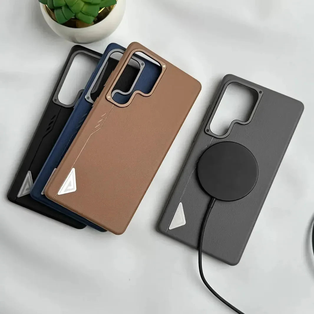 Premium Leather Texture Metal Button MagSafe Case for Samsung S25 Ultra