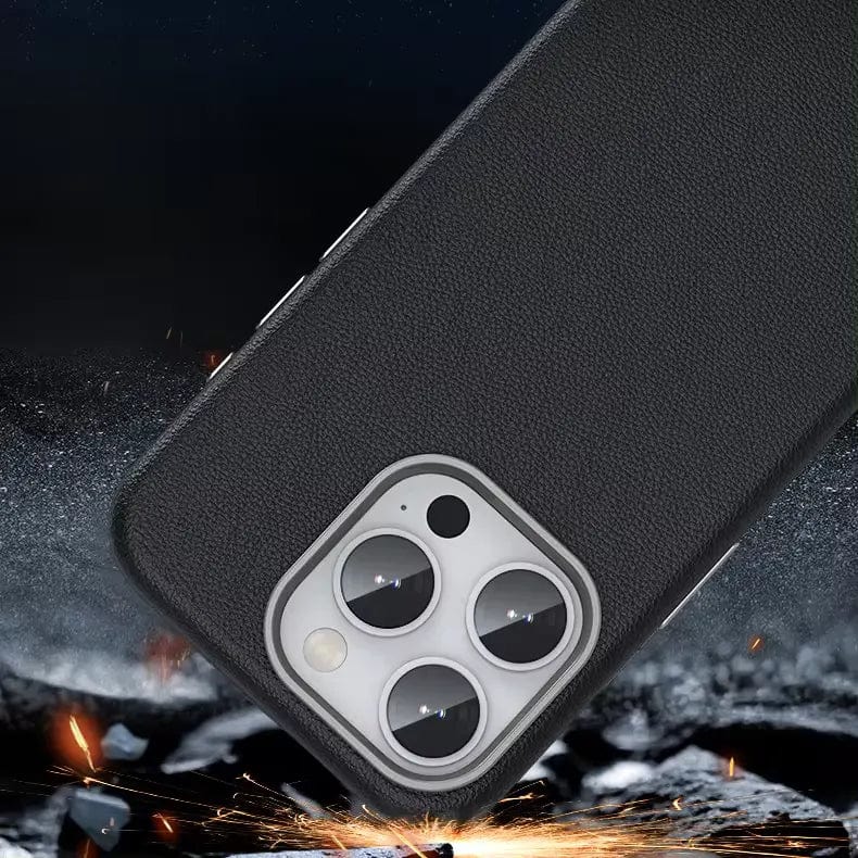 Vegan Leather Metal Button MagSafe Phone Back Case for Apple iPhone