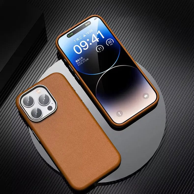 Vegan Leather Metal Button MagSafe Phone Back Case for Apple iPhone