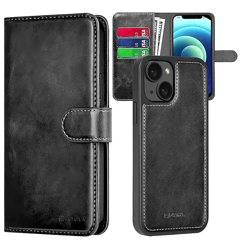 PULOKA PU Leather Wallet Case with Detachable 2 in 1 Function for iPhone Back Cases