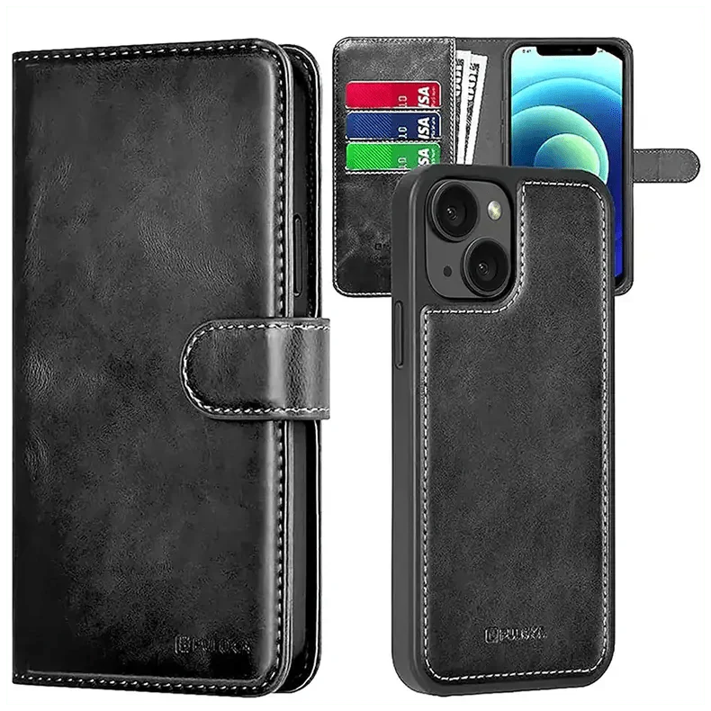 PULOKA PU Leather Wallet Phone Back Case with Detachable 2 in 1 Function for Apple iPhone