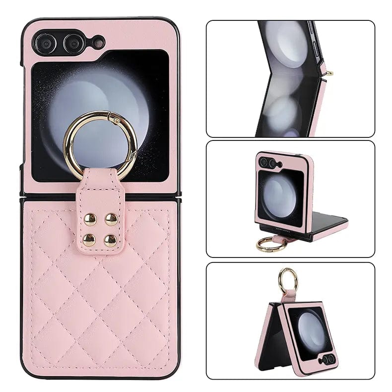 Rhombus Leather Texture Ring Case for Samsung Galaxy Z Flip Back Cases Samsung Z Flip6 / Pink