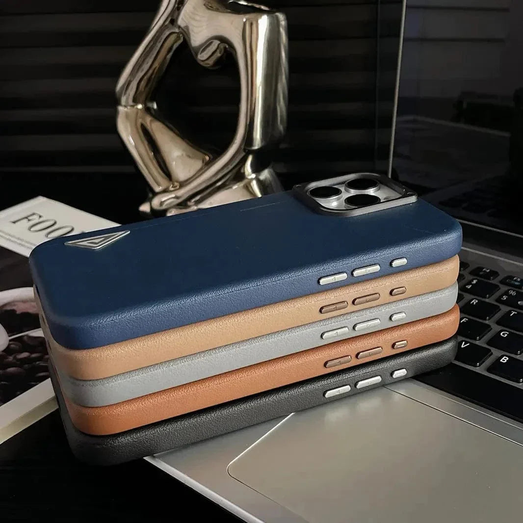 Shield Leather Texture Metal Button Magsafe Case for iPhone 15 Pro Max