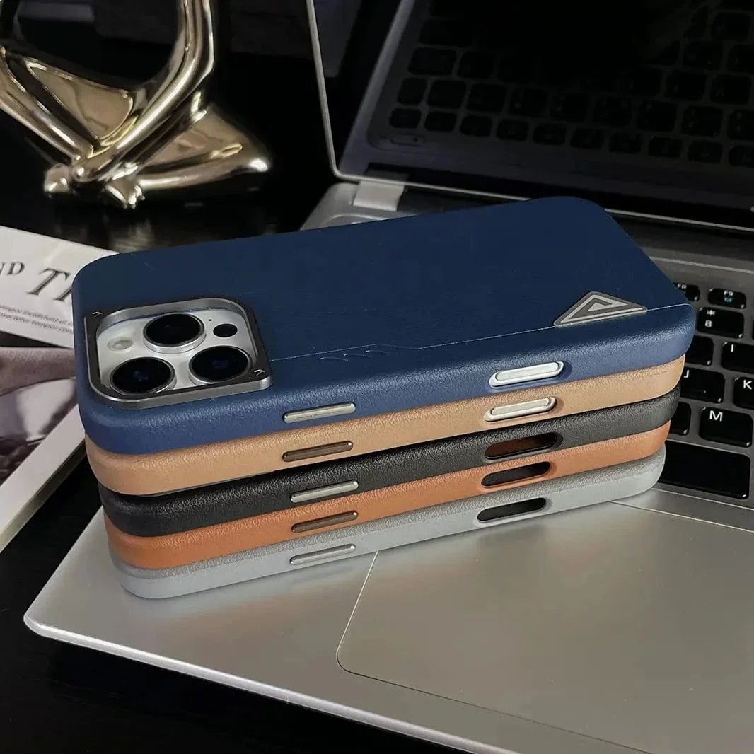 Shield Leather Texture Metal Button Magsafe Case for iPhone 16
