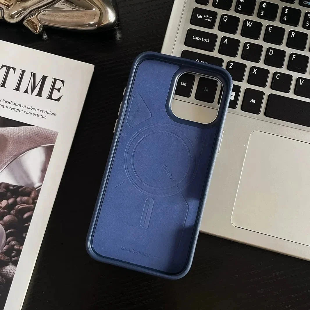 Shield Leather Texture Metal Button Magsafe Case for iPhone 13