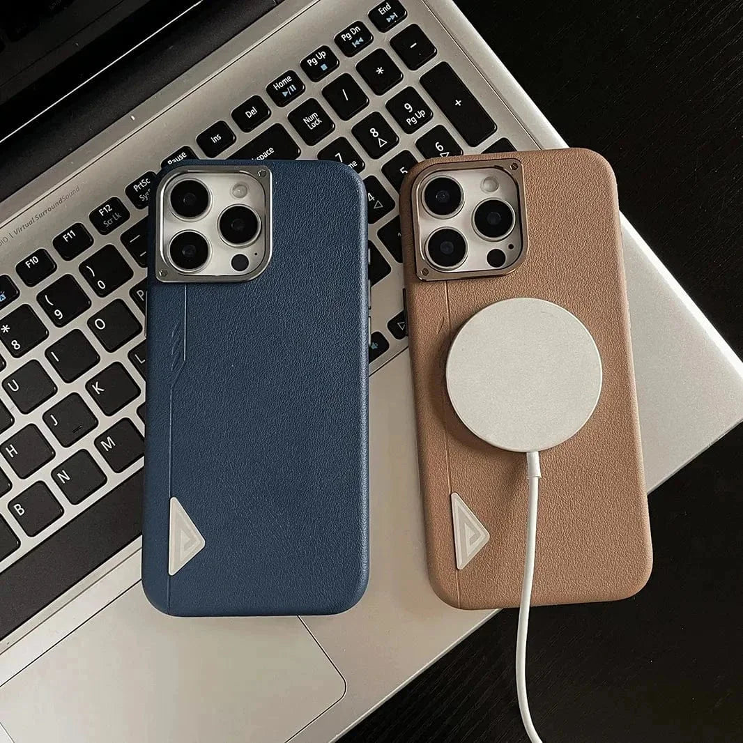 Shield Leather Texture Metal Button Magsafe Case for iPhone 14 Pro Max
