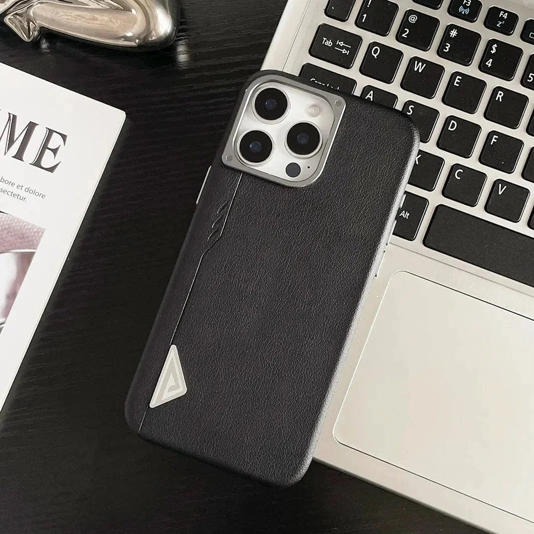 Shield Leather Texture Metal Button Magsafe Case for iPhone 15 Pro Max