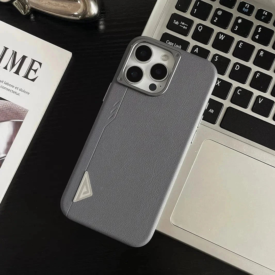 Shield Leather Texture Metal Button Magsafe Case for iPhone 14 Pro Max