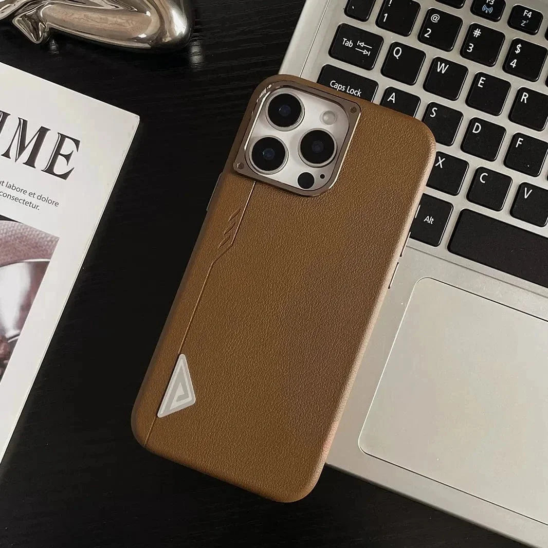 Shield Leather Texture Metal Button Magsafe Case for iPhone 14 Pro