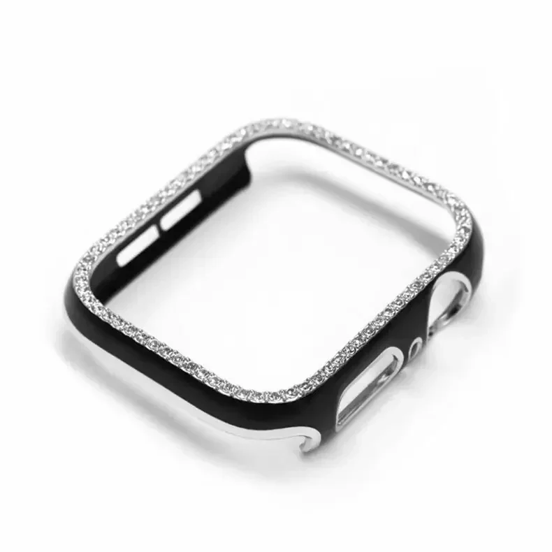 Single Rhinestone Frame Hard Slim 360 Degree Body Bumper for iWatch Case Covers 41mm / Black Silver