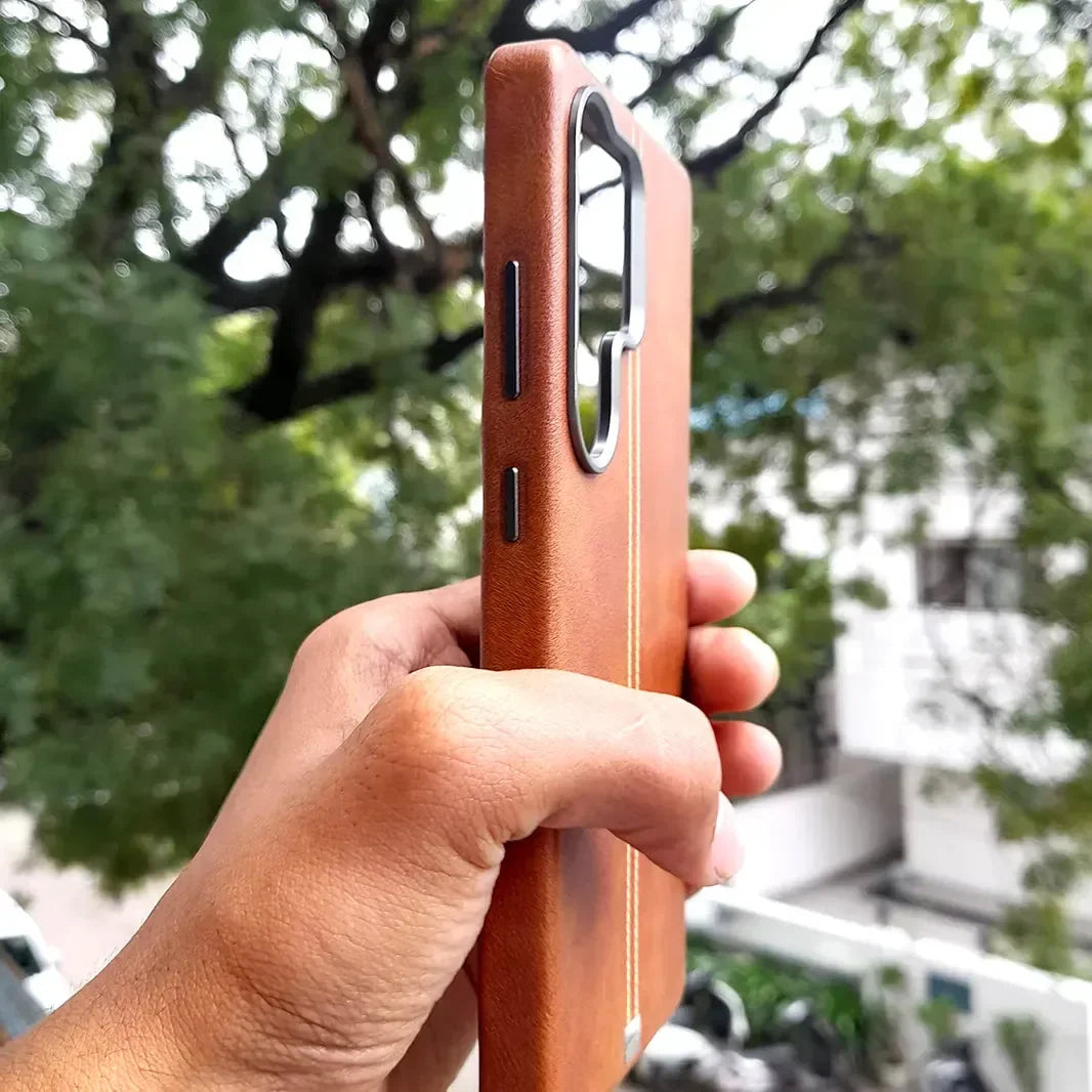 Slim Retro Business Leather Cover with Metal Frame Camera Protection for Samsung S23 Ultra