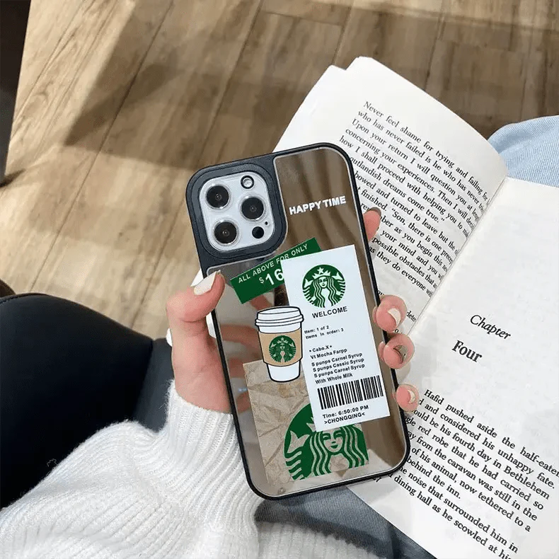 Starbucks Print Mirror Acrylic Glass Hard Phone Back Case for Apple iPhone