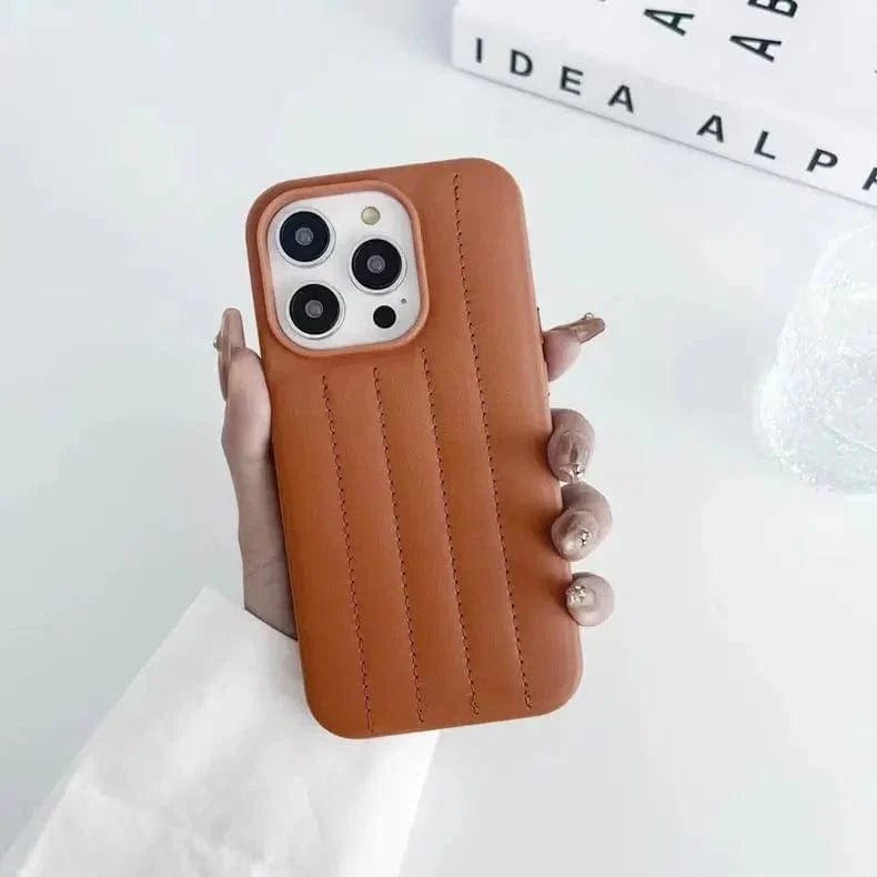 Stitch Leather Texture Case for iPhone Back Cases iPhone 14 Pro Max / Tan Brown