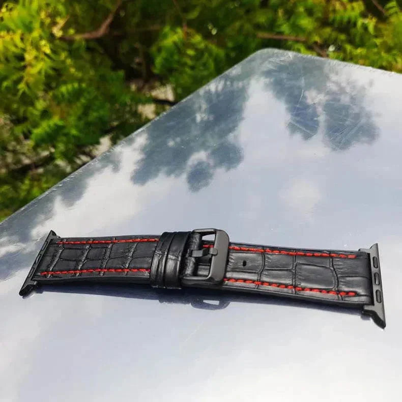 Crocodile Leather Texture Red Thread Silicone Band for Apple Watch 38 | 40 | 41 | 42mm S10 38 | 40 | 41 | 42mm S10 black Straps & Bands