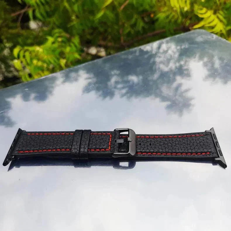 Grainy Leather Texture Red Thread Stitch Watch Band for Apple Watch 38 | 40 | 41 | 42mm S10 38 | 40 | 41 | 42mm S10 Black Straps & Bands