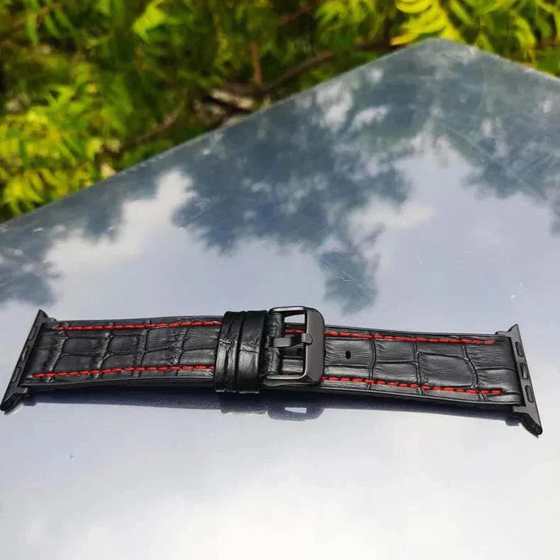 Crocodile Leather Texture Red Thread Silicone Band for Apple Watch 38 | 40 | 41 | 42mm S10 Straps & Bands
