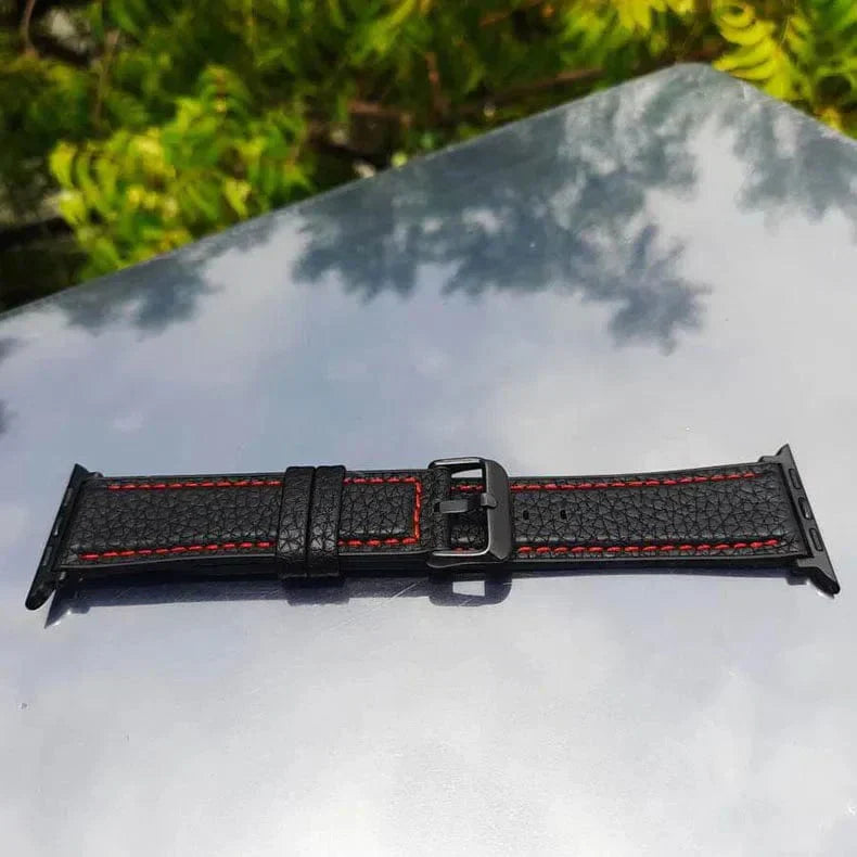 Grainy Leather Texture Red Thread Stitch Watch Band for Apple Watch 38 | 40 | 41 | 42mm S10 Straps & Bands