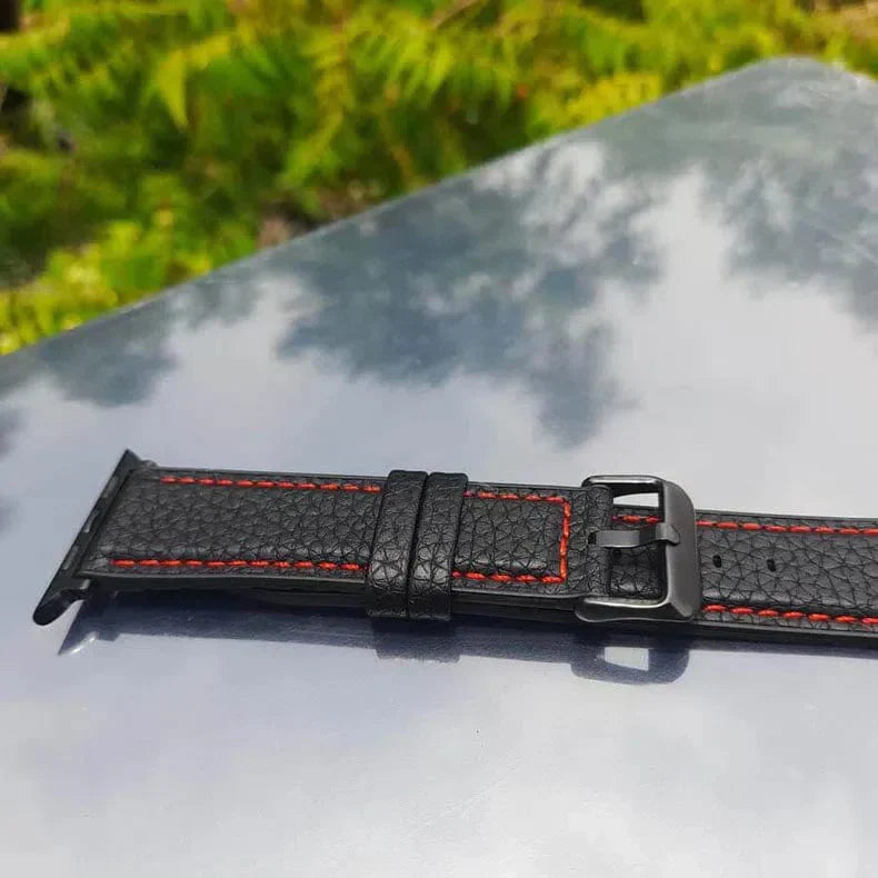 Grainy Leather Texture Red Thread Stitch Watch Band for Apple Watch 38 | 40 | 41 | 42mm S10 Straps & Bands