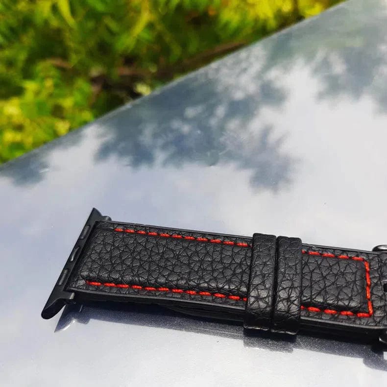 Grainy Leather Texture Red Thread Stitch Watch Band for Apple Watch 38 | 40 | 41 | 42mm S10 Straps & Bands