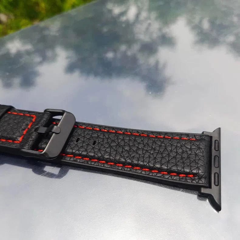 Grainy Leather Texture Red Thread Stitch Watch Band for Apple Watch 38 | 40 | 41 | 42mm S10 Straps & Bands