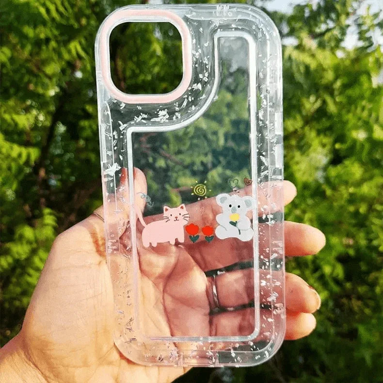 Teddy Bear Print Silver Glitter Foil Clear Soft Case for iPhone 13