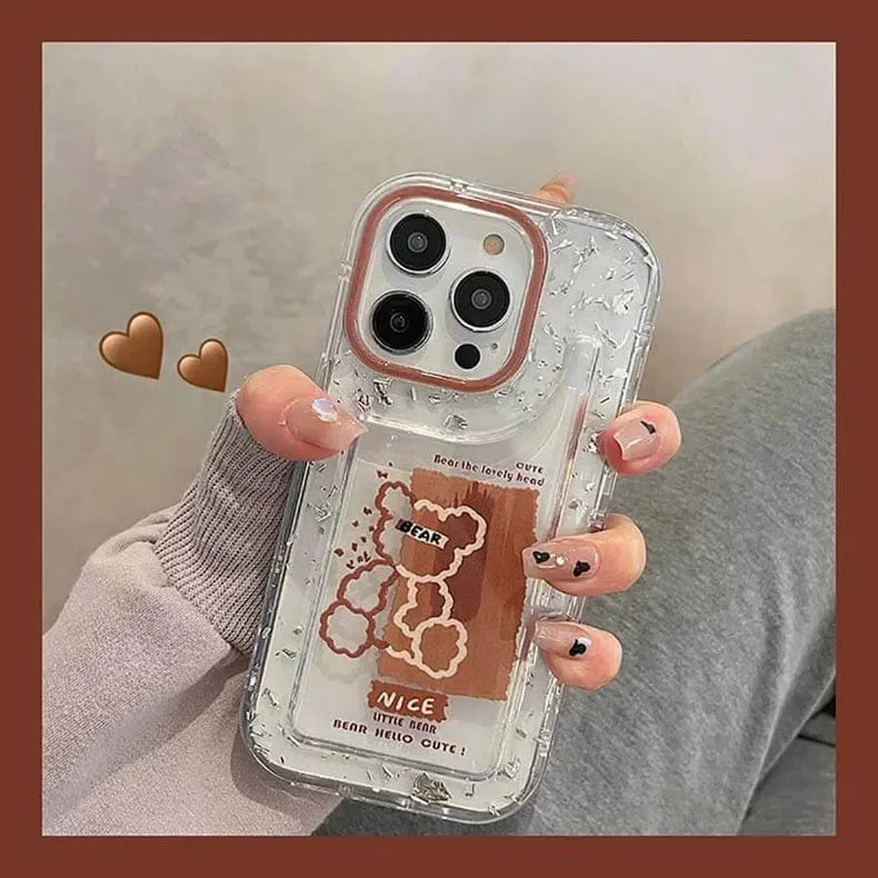 Teddy Bear Print Silver Glitter Foil Clear Soft Case for iPhone 14