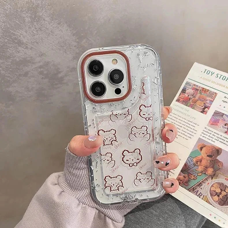 Teddy Bear Print Silver Glitter Foil Clear Soft Case for iPhone 14