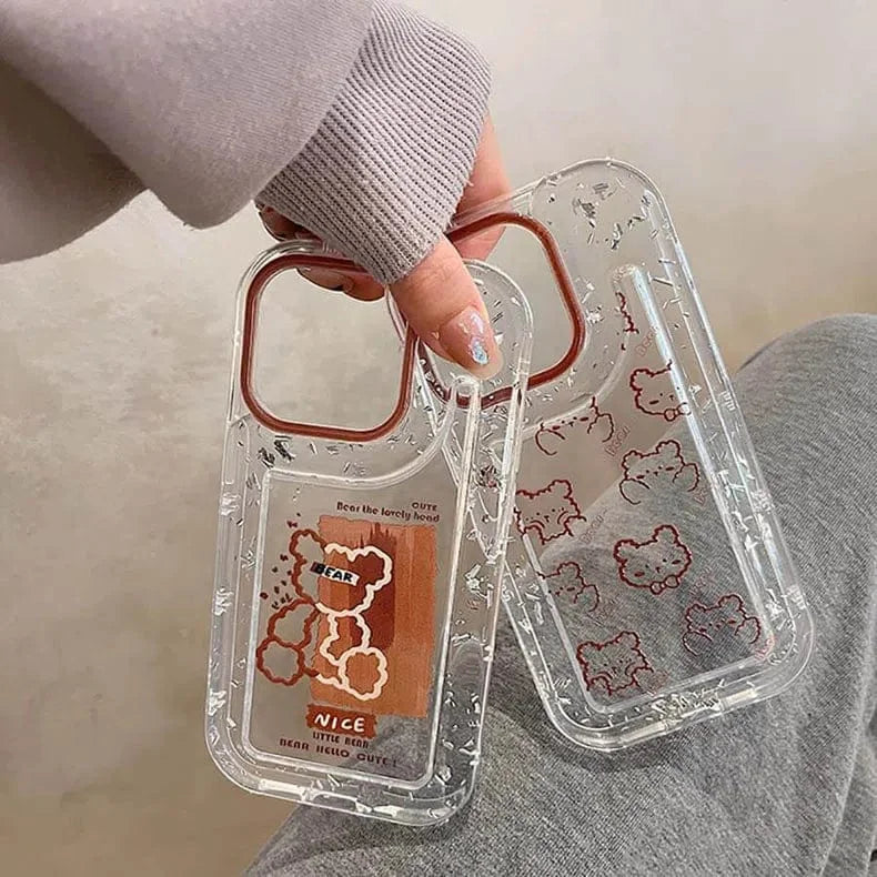 Teddy Bear Print Silver Glitter Foil Clear Soft Case for iPhone 14 Pro