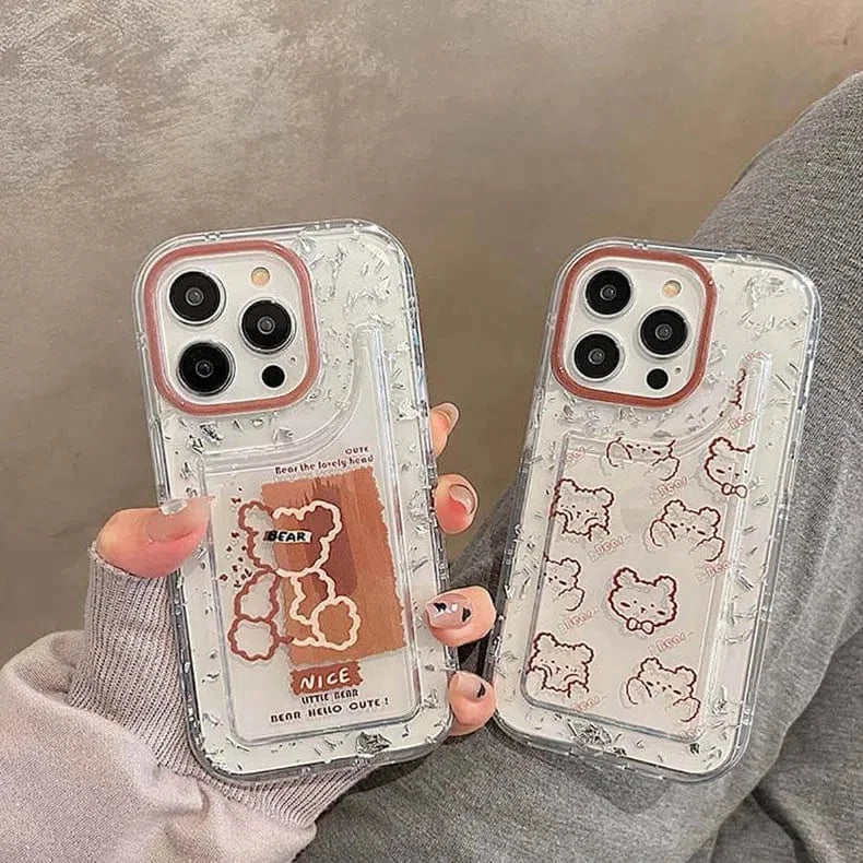 Teddy Bear Print Silver Glitter Foil Clear Soft Case for iPhone 14 Pro