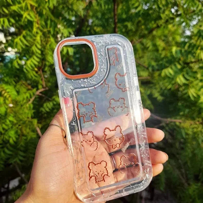 Teddy Bear Print Silver Glitter Foil Clear Soft Case for iPhone 14 Pro Max