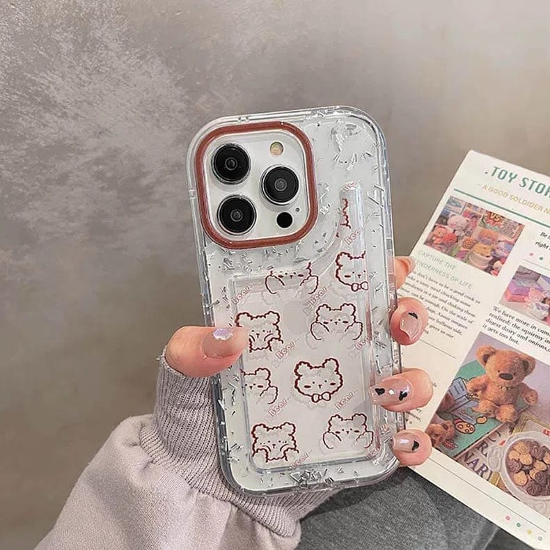 Teddy Bear Print Silver Glitter Foil Case for iPhone 13 Pro Max Back Cases