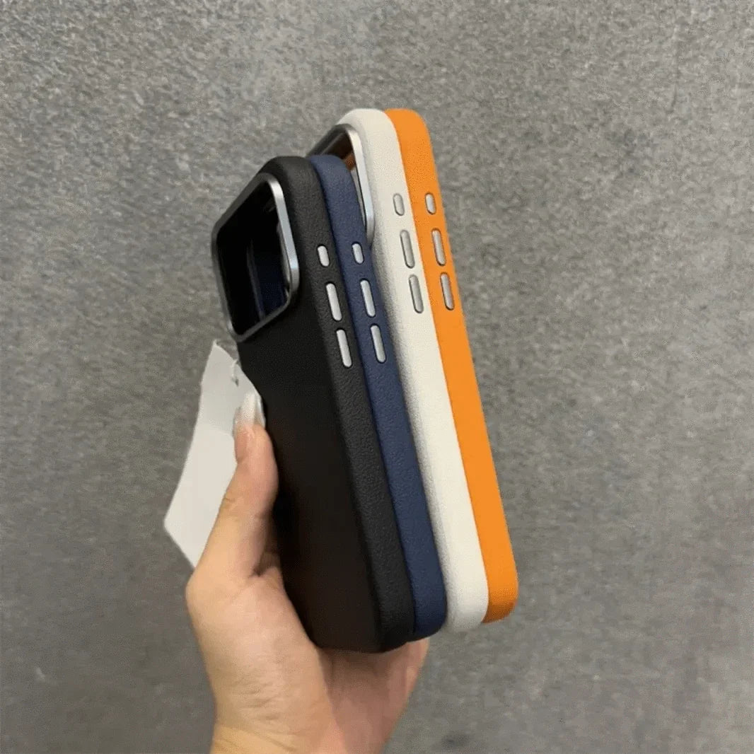 Vegan Leather Metal Button Case for iPhone 17 Pro