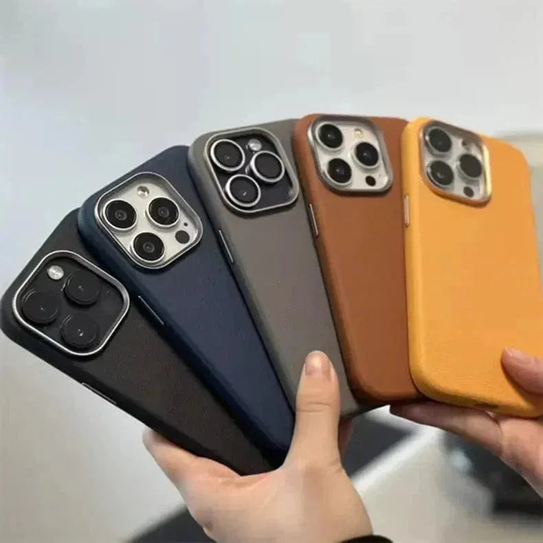 Vegan Leather Metal Button Magsafe Case for iPhone 15 Pro Max