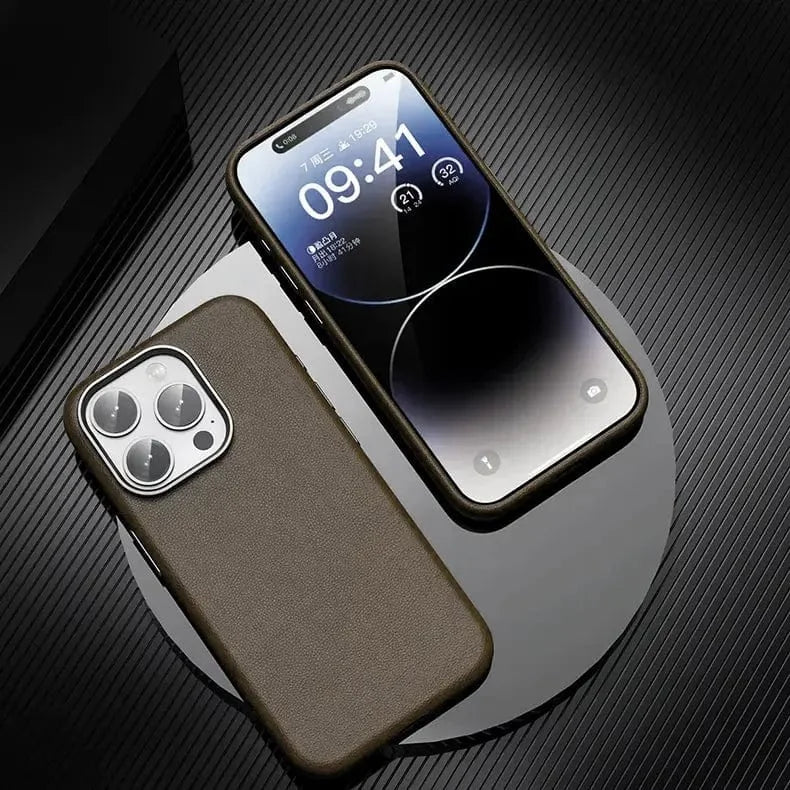 Vegan Leather Metal Button Magsafe Case for iPhone 16