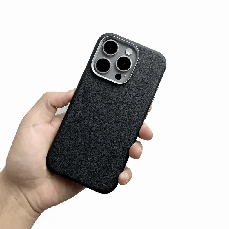 Vegan Leather Metal Button Magsafe Case for iPhone 16 Plus