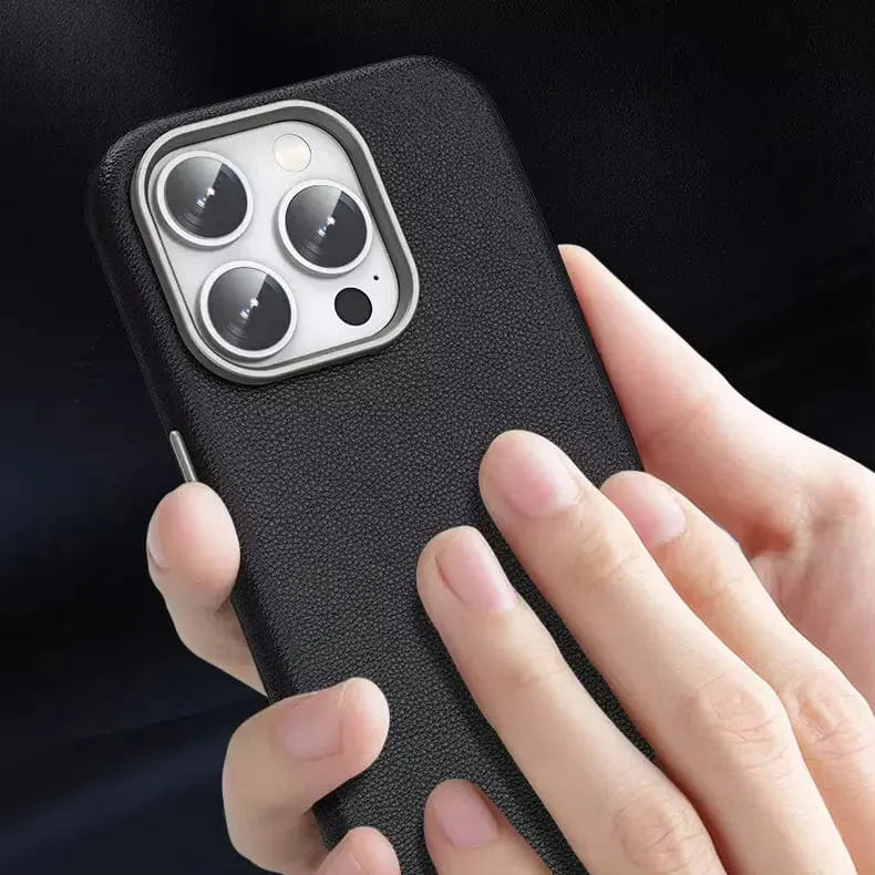 Vegan Leather Metal Button Magsafe Case for iPhone 16 Pro Max