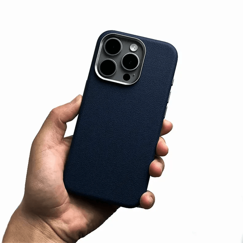 Vegan Leather Metal Button MagSafe Case for iPhone Back Cases iPhone 15 Pro Max / Dark Blue / With MagSafe