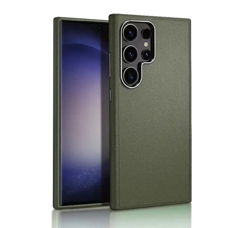 Vegan Leather Metal Button MagSafe Case for Samsung S25 Ultra