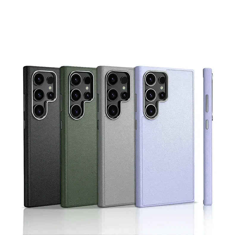 Vegan Leather Metal Button MagSafe Case for Samsung S25 Ultra